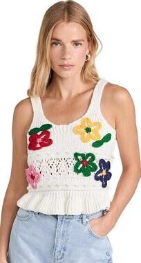 Blank NYC Floral Crochet Crop Tank White Ruffle Hem XS NWT